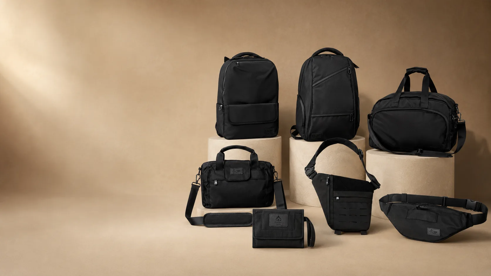 The FireBar Labs carry range in black — backpacks, a duffle, a briefcase, a sling, a waist bag and a travel wallet — arranged on stone pedestals.