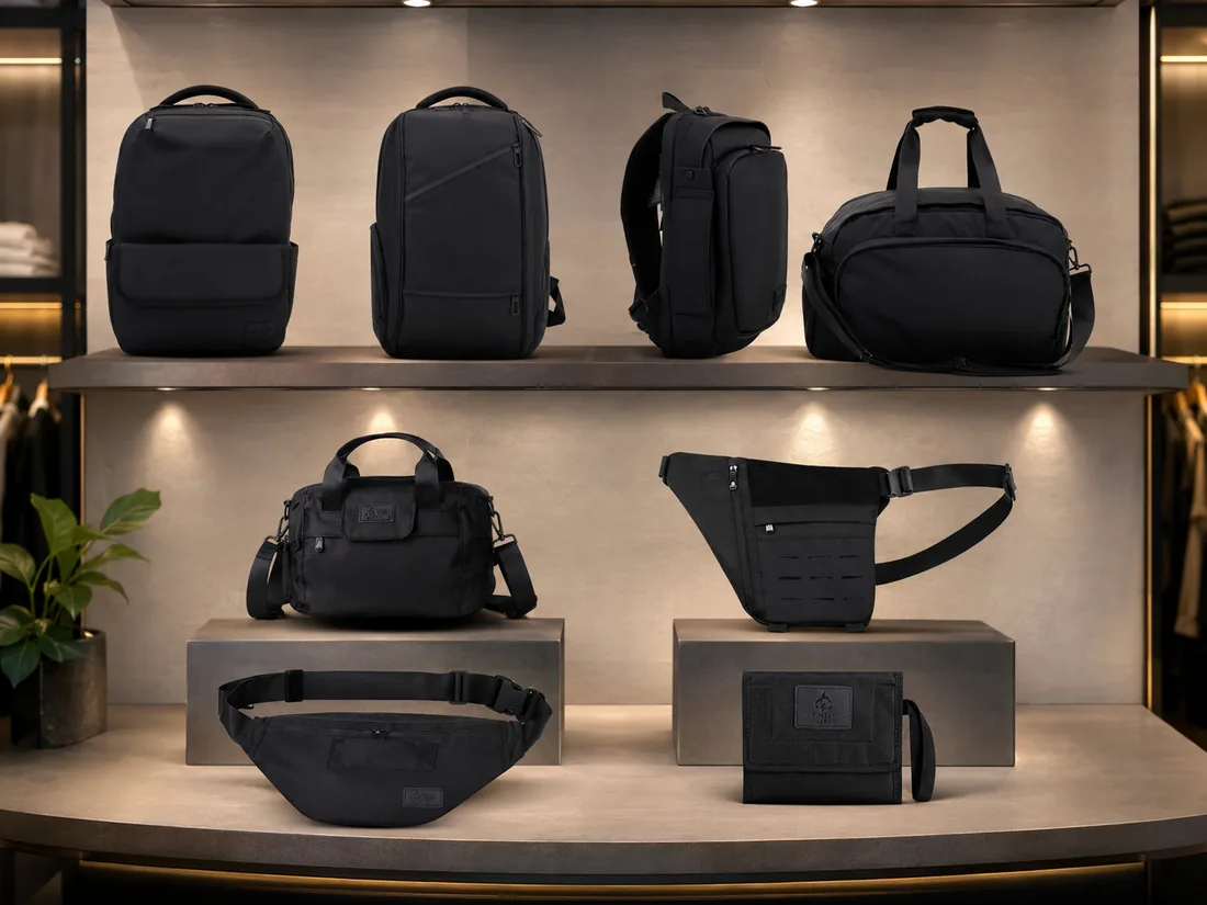 A warm-lit display of FireBar Labs bags arranged as a retail set.