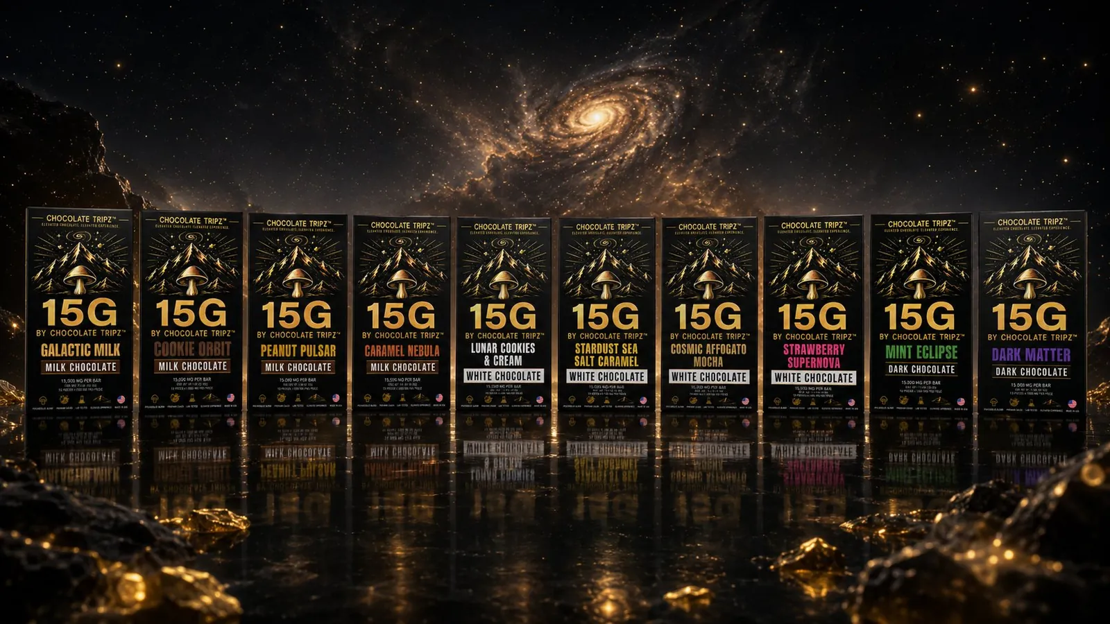 All ten 15G by Chocolate Tripz flavor displays lined up on a dark counter.
