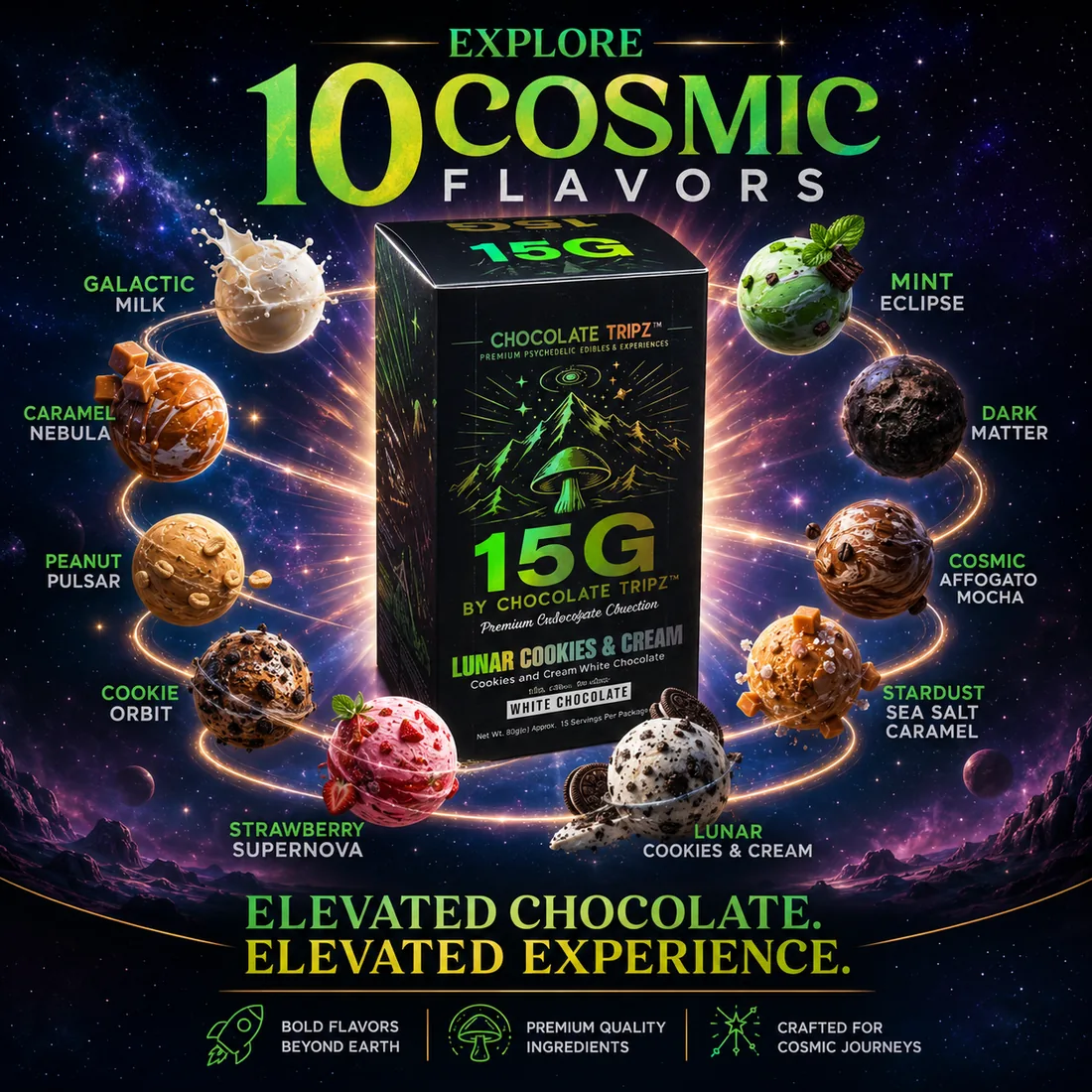 15G by Chocolate Tripz — premium entheogenic mushroom chocolate, 10 cosmic flavors