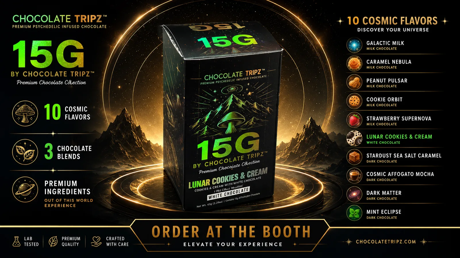 15G by Chocolate Tripz full flavor lineup — ten cosmic flavors across three chocolate blends, order at the booth