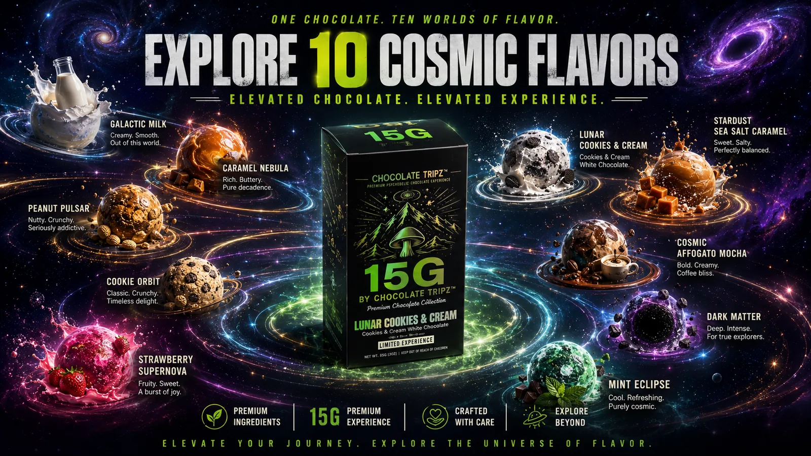 15G by Chocolate Tripz — explore 10 cosmic flavors of premium entheogenic mushroom chocolate
