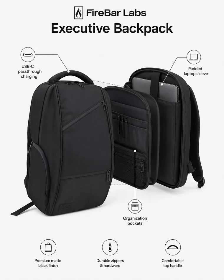 Executive Tech backpack shown from several angles with its compartments and hardware called out.