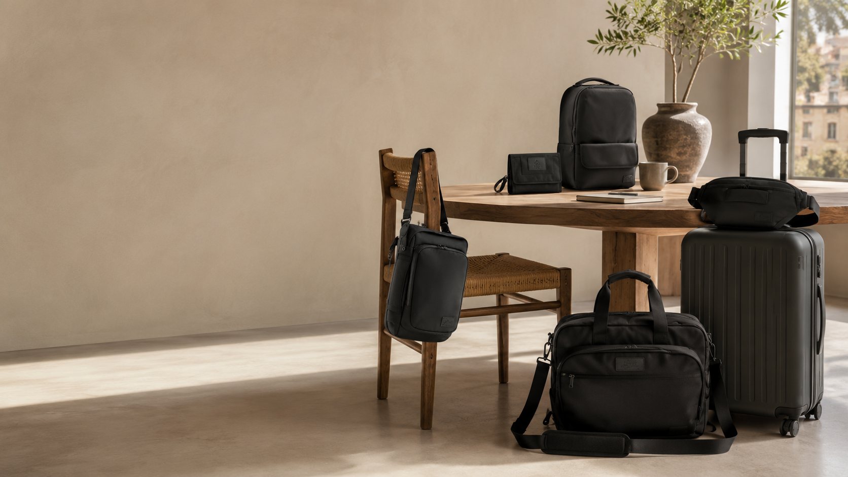 A sunlit workspace with FireBar Labs carry laid out on a pale desk — backpack, crossbody and travel wallet arranged for a buyer to look over.