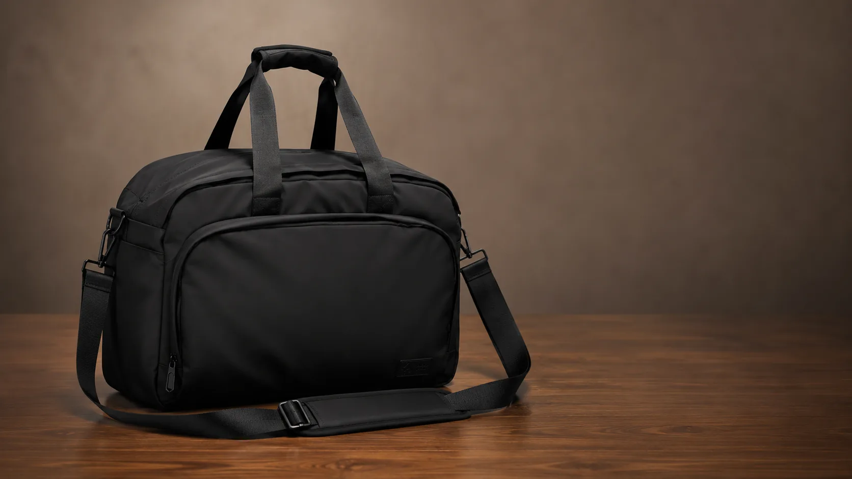 A black FireBar Labs duffle on a wooden surface in warm light.