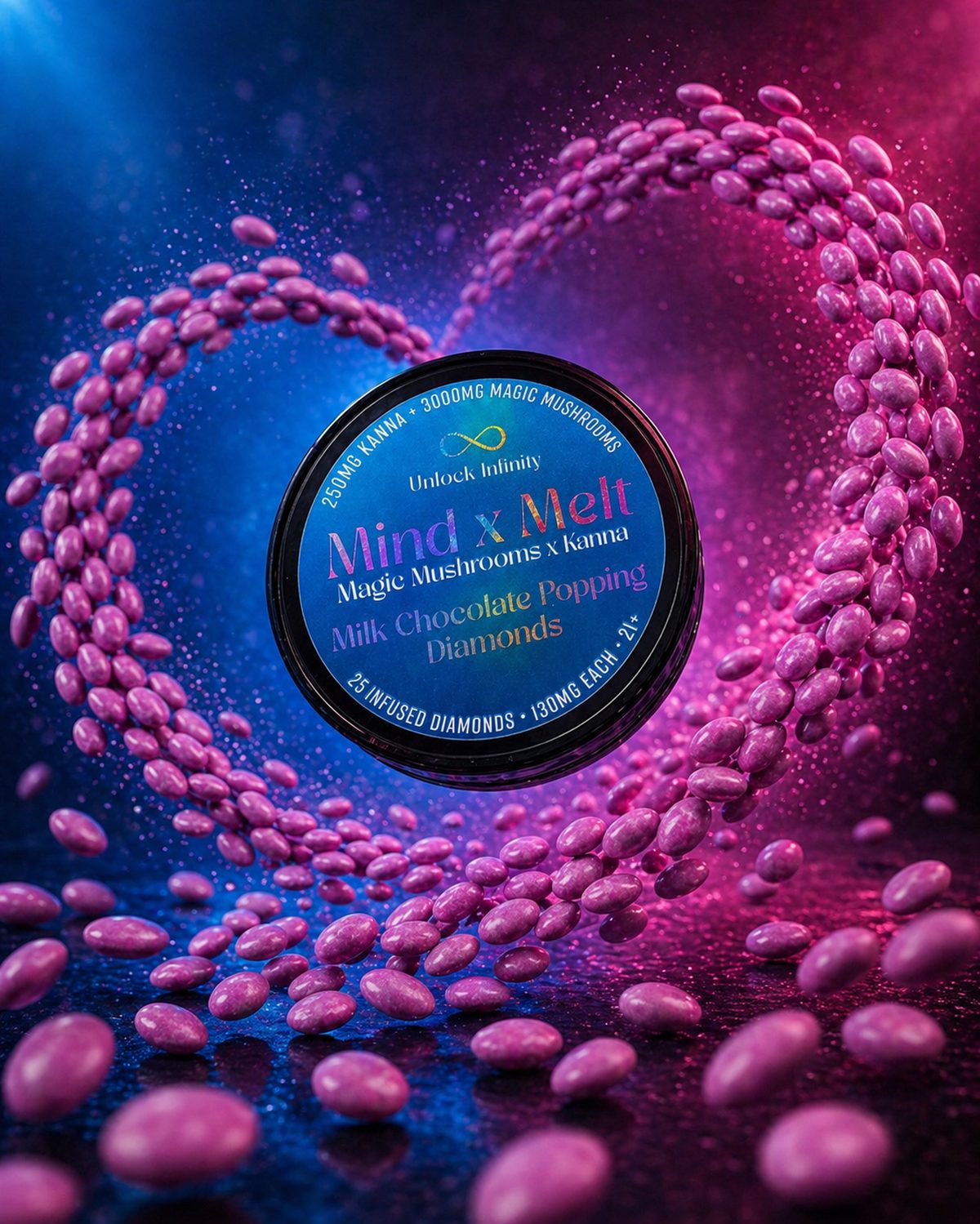 Mind × Melt heart spill — Popping Diamonds spilling out of jar onto chocolate