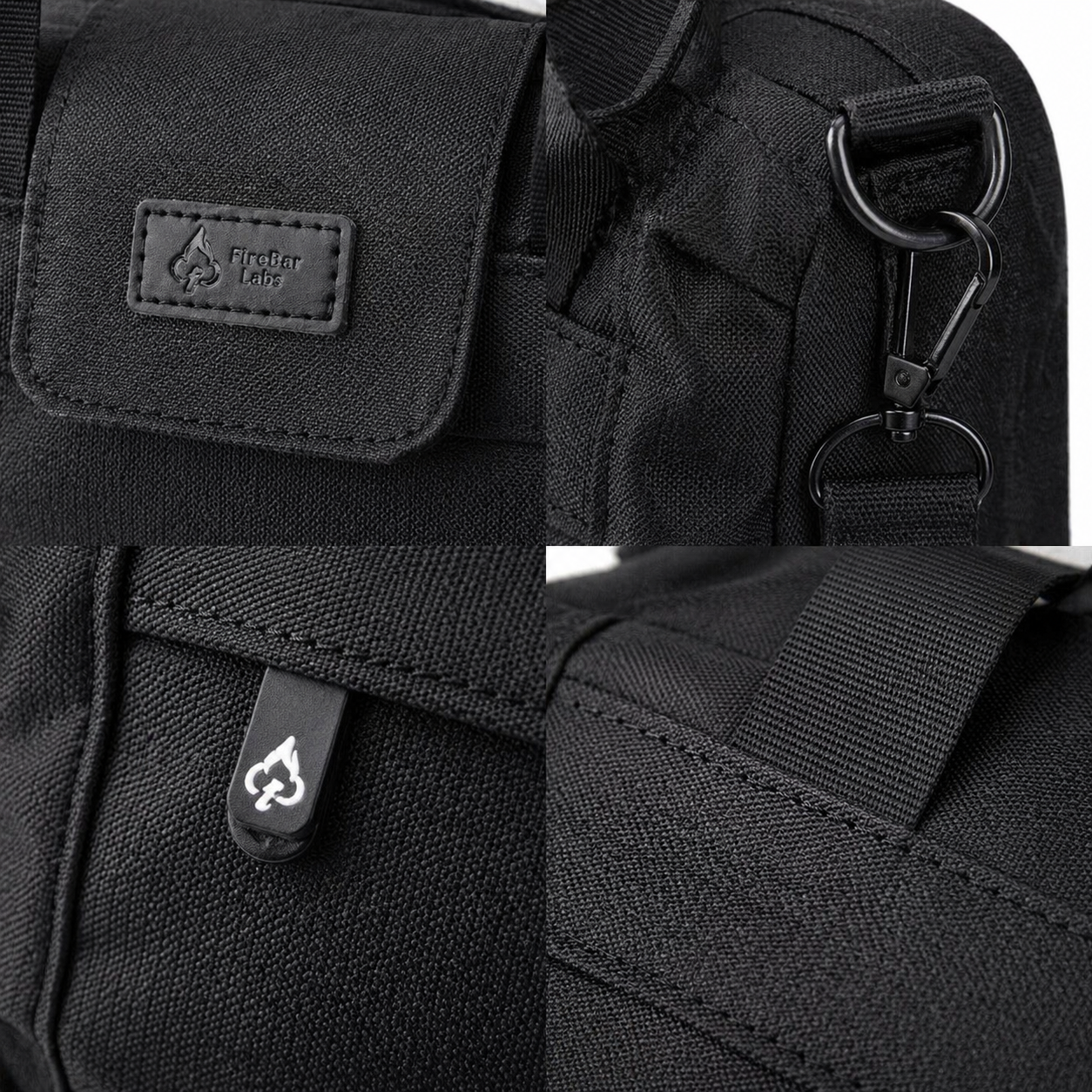 FireBar Labs bag hardware + logo detail collage