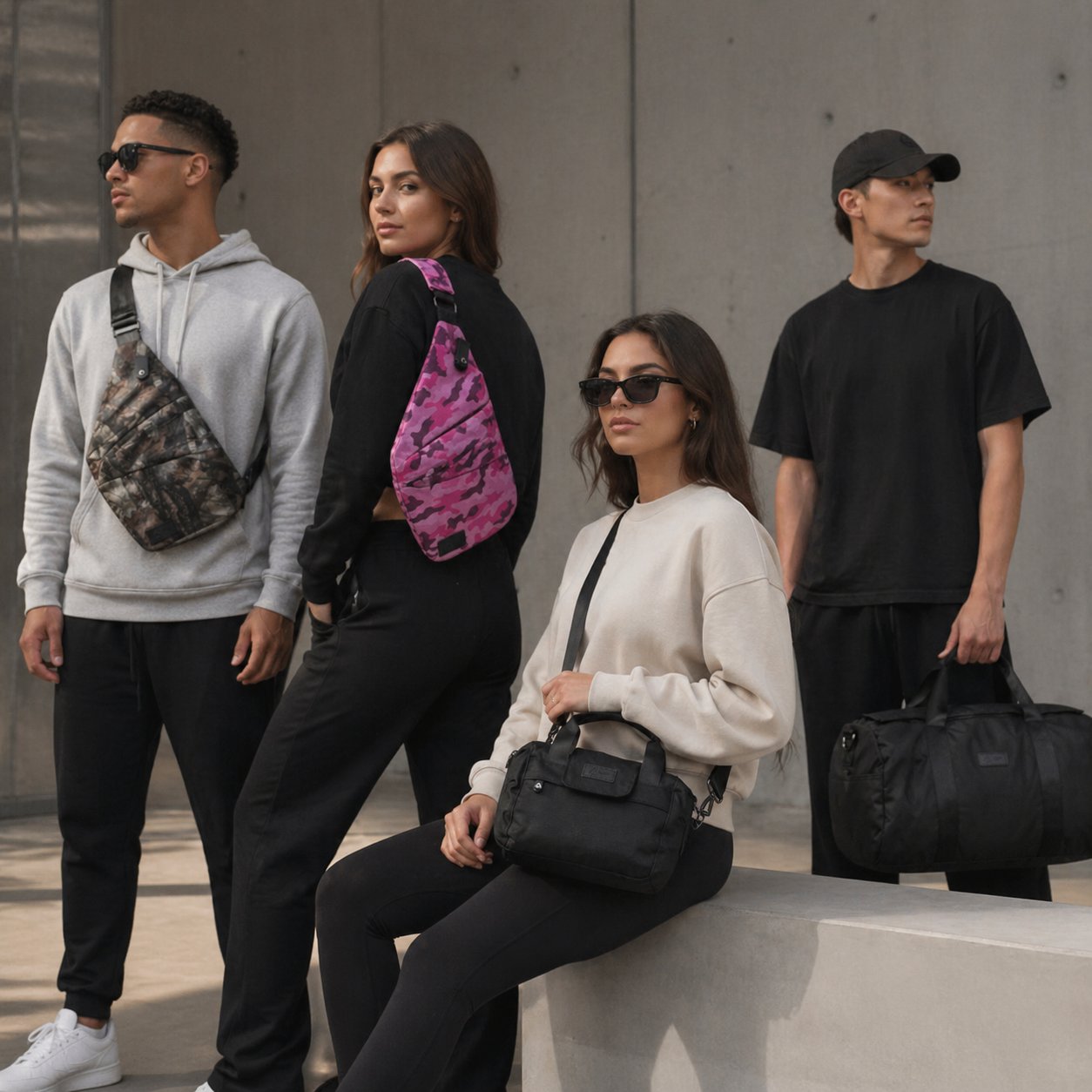 Essential bag group lifestyle on concrete