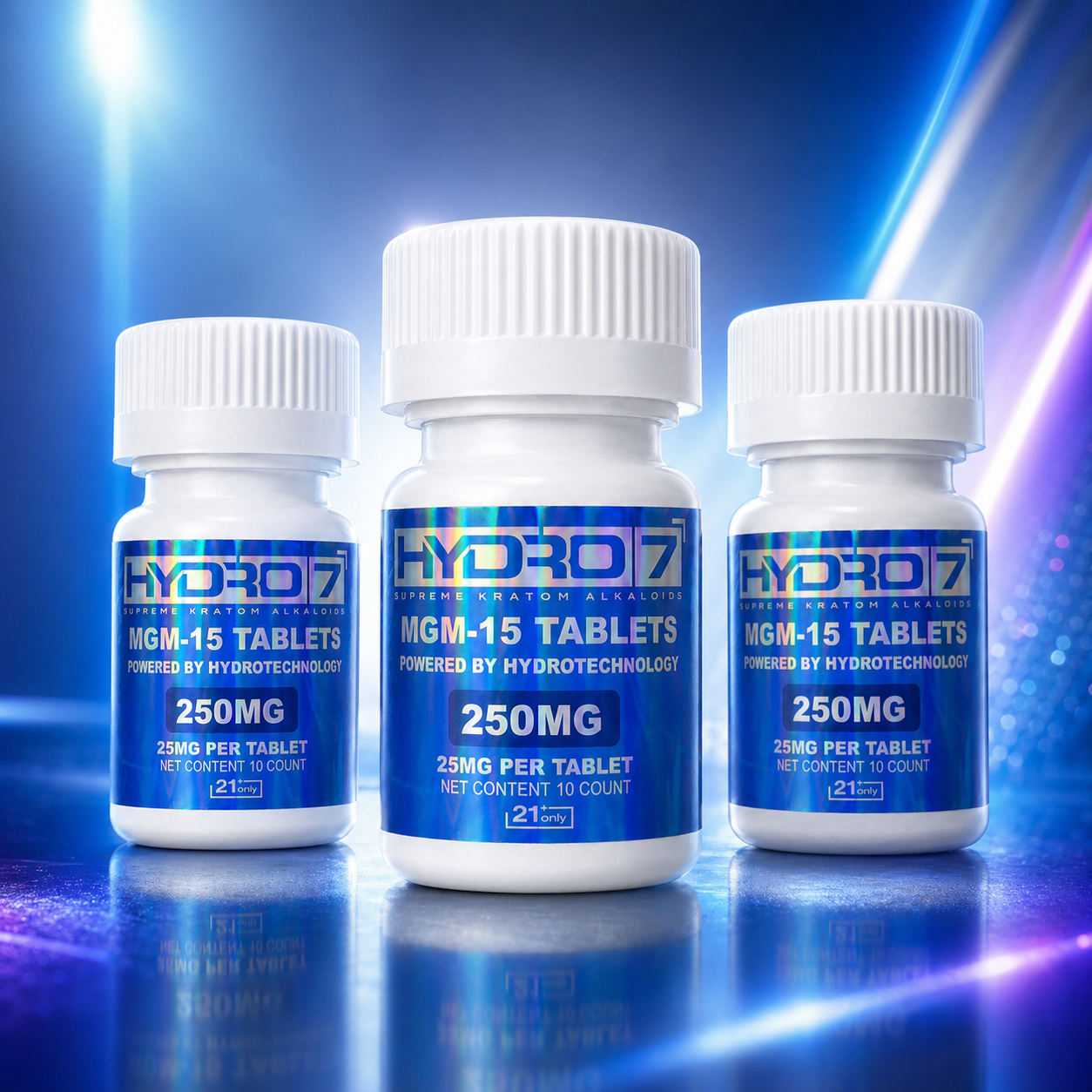 Hydro 7 + MGM-15 Tablets — bottle trio