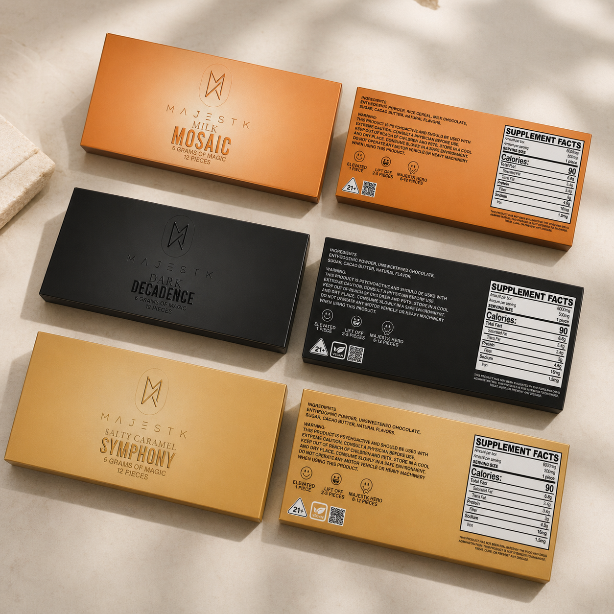 MAJESTK Premium Entheogenic Mushroom Chocolate Bars — three flavors