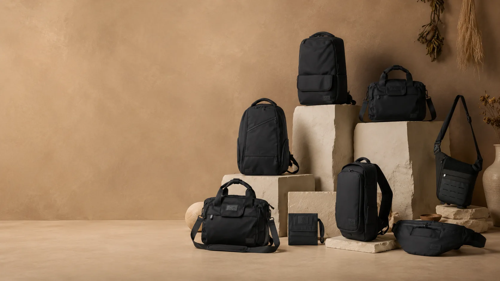 A bag display arranged in warm earthy tones.