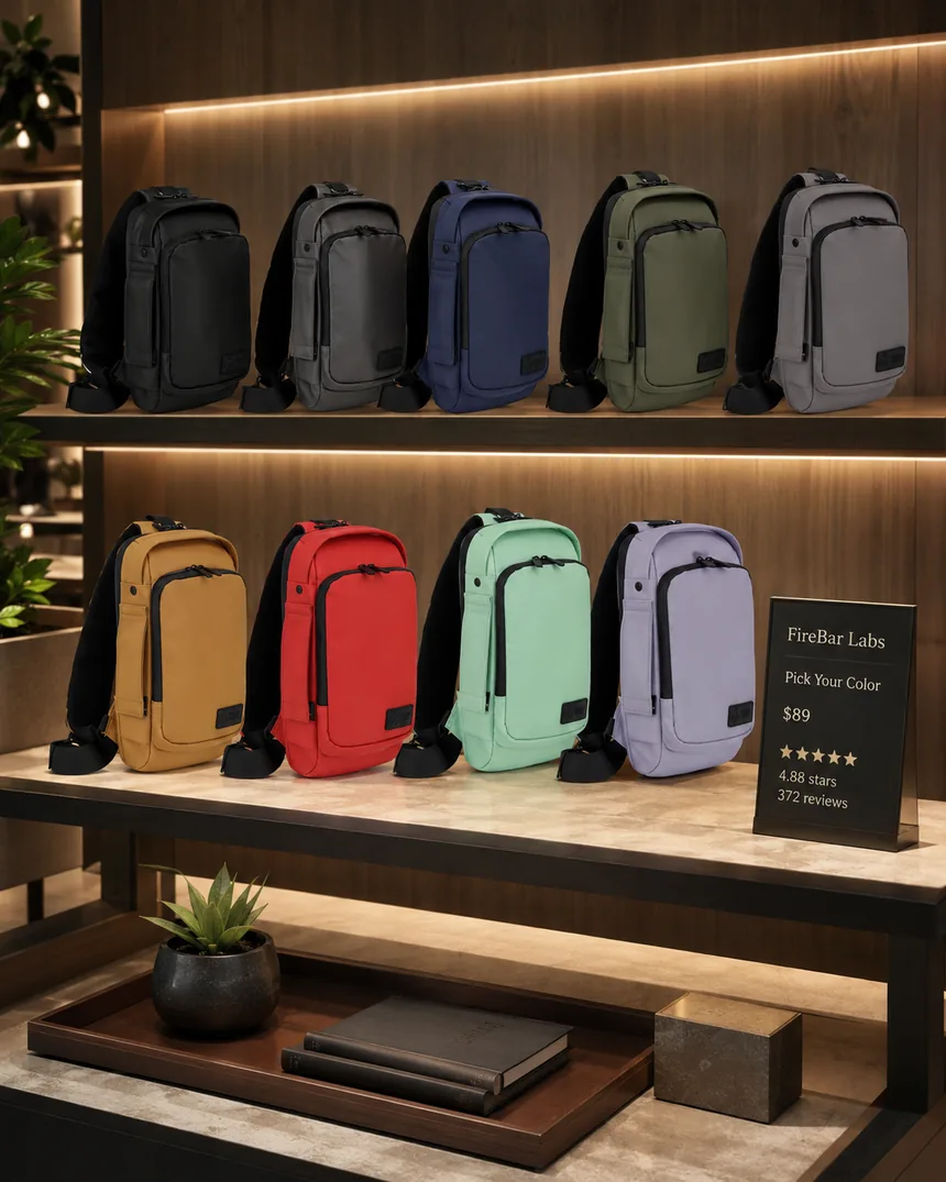 A retail bag display in colour order beside a shop window.