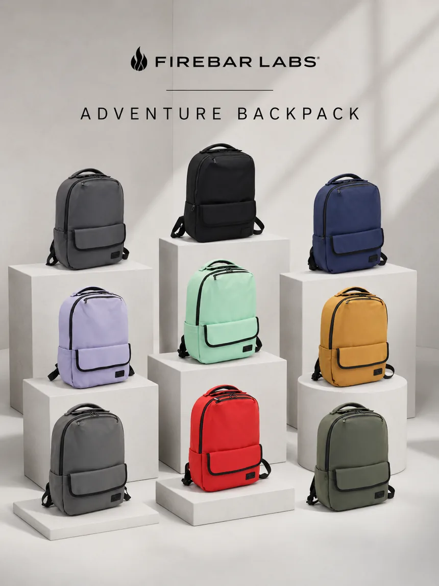Backpacks arranged on a showroom display wall.