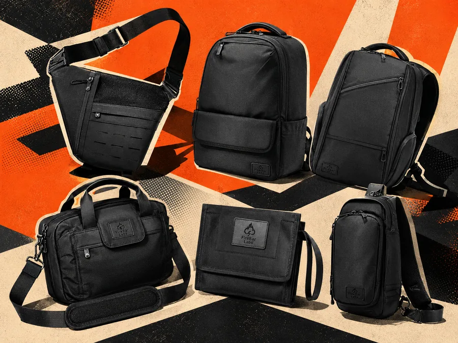 A collection of black FireBar Labs bags shot together with bold graphics.