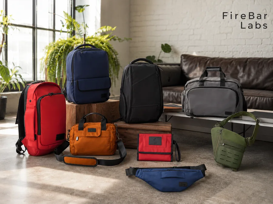 FireBar Labs travel gear arranged in a clean studio setting.