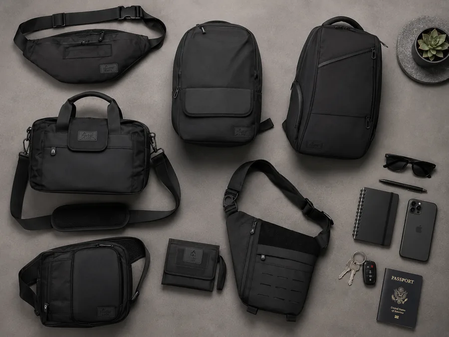 Everyday-carry gear and accessories laid out flat on a neutral surface.